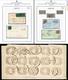 Due dei trentadue fogli della collezione “Ducato di Modena - errori tipografici 1852-1859” e, sotto, il blocco di quindici francobolli lombardo-veneti per giornali del 1863; è il massimo insieme conosciuto nel Regno Lombardo-Veneto